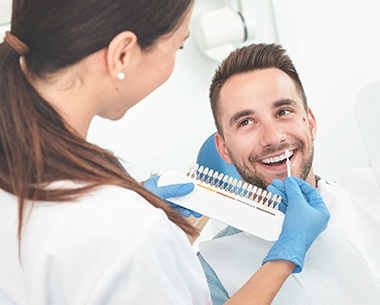 Man's smile compared with all ceramic dental restoration shade chart