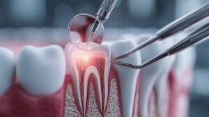 Cross-section of tooth undergoing laser root canal treatment