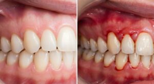 Close-up of teeth and gums before and after gum disease treatment