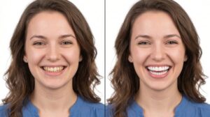 Portrait of a woman before and after smile makeover